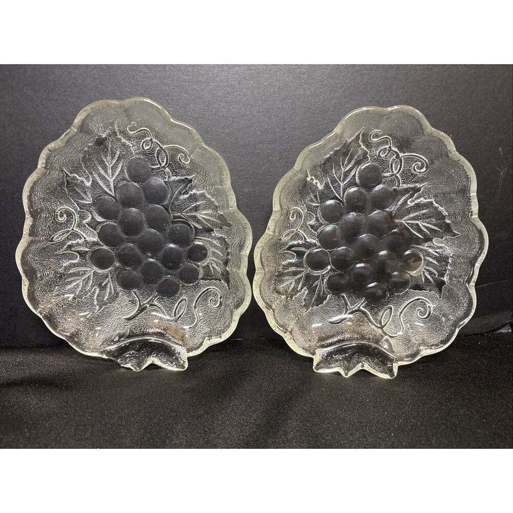 Set of 2 VTG  Clear Frosted Glass Candy Trinket Dish Hazel Atlas Grape Great Con